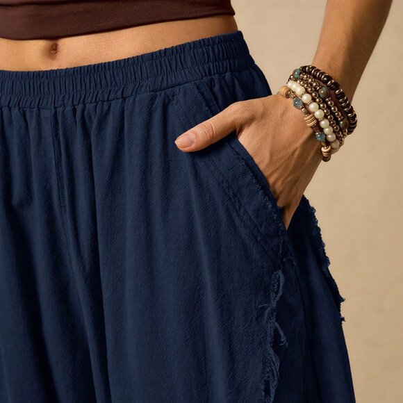 Blue Casual boho Women's Street Chic Minimalist Elastic Waist Side Pocket pants - Picture 8 of 9